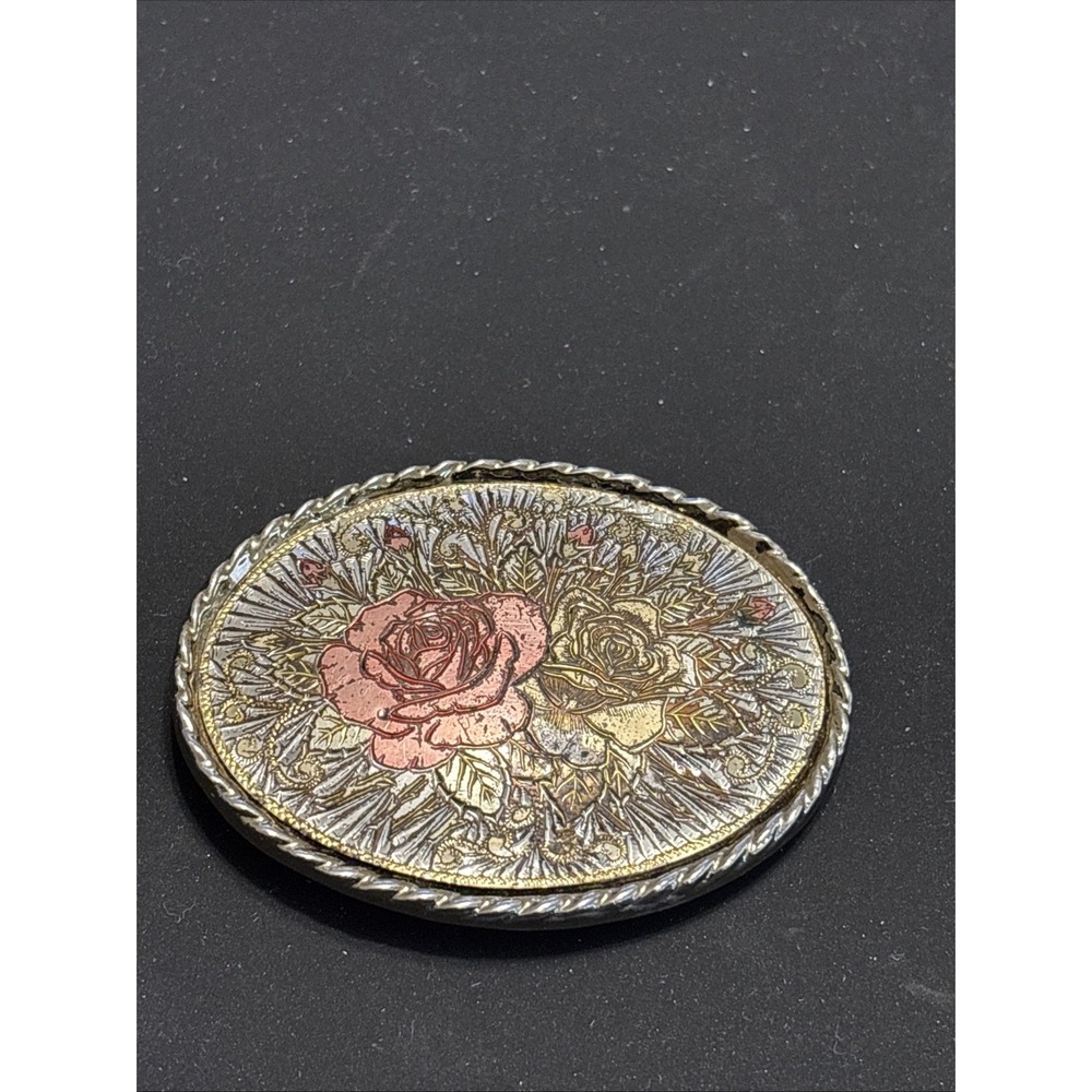 Vintage Floral Rose Belt Buckle Western Silver Gold Tone Made In USA Cowgirl